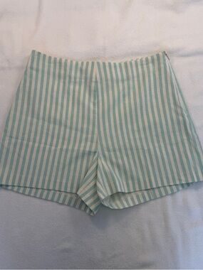 Mango Aqua and White Striped High-Waist Short Linen-Cotton Blend Tailored Summer